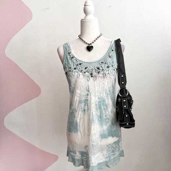 Vintage Blue Embroidered Tank Top Mermaid Fairycore Y2K Boho Festival Small - Picture 1 of 7